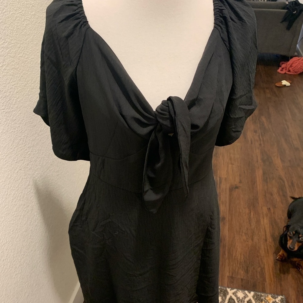 Black Tie Front Plunge Sundress with Flutter Sleeves